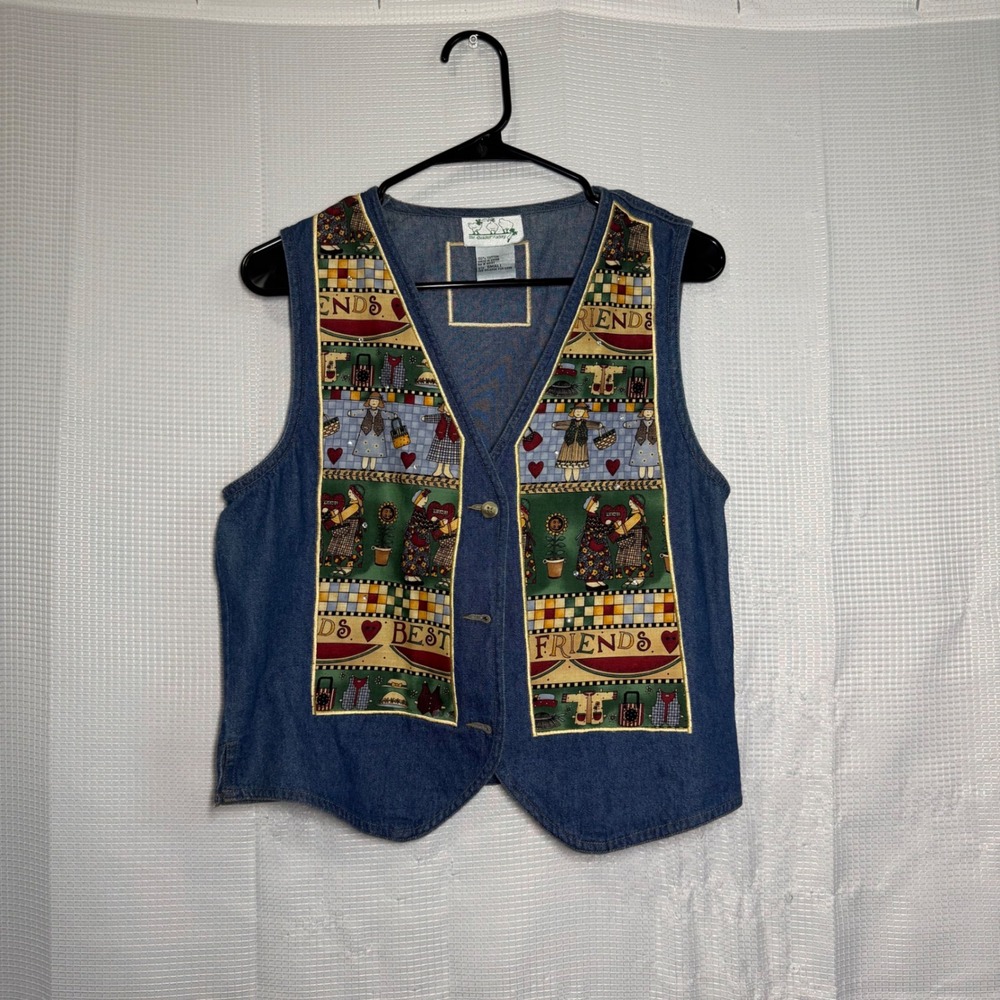 The Quacker Factory Denim Vest Cotton Folk Art Best Friends Patch Vintage Small